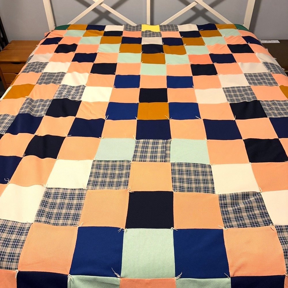 Vintage Patchwork Tie Quilt 72x96 Blue Cabin Cottage Core Granny Chic Handmade